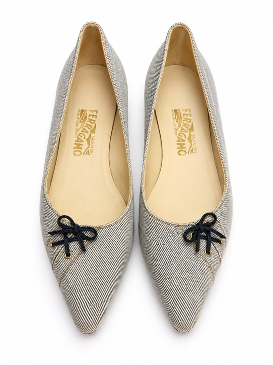 Salvatore Ferragamo Shoes - Salvatore Ferragamo Grey & White Striped Fabric Bow Pointed Toe Flats Size 10 B